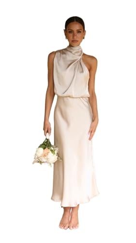LYXYGMV Wickelkleider Sommer Seide Satin Ärmelloses Langes Kleid Frauen Elegante Promi Kleider Abendkleid Party Kleidung Damen(Beige,L)