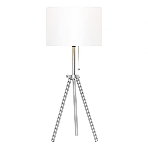 O’Bright Tripod Table Lamp, Adjustable in Height, 100% Metal Body with Linen Drum Shade, Bedside Lamp, Nightstand Lamp, Side Table Lamp for Living Room, Bedroom, Office, Brushed Nickel