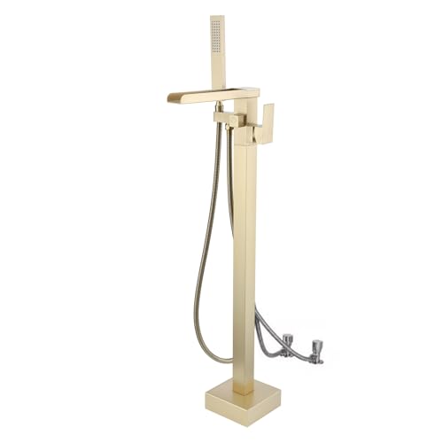 Robinet Baignoire Ilot Robinet De Baignoire Avec Douchette Pour Salle De Bain,Laiton Baignoire Robinet Mitigeur Au Sol,Autoportant Melangeur Baignoire Or...