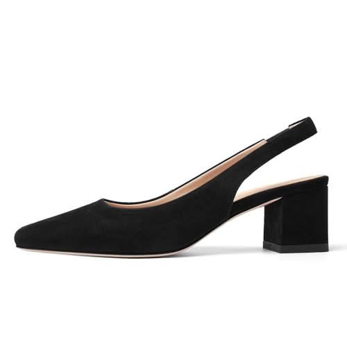 FOGEENA Womens Solid Suede Night Club Slip On Dress Square Toe Chunky Leather Low Heel Pumps Shoes 2 Inch2
