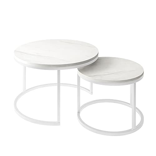 lukmebel Ciri Runder 2in1 Couchtisch – Set aus Zwei Teilen – Satztische Wohnzimmer – 70x48x70/80 cm & 50x42x50/60 cm – Levanto-Marmorplatten auf weißem Metallsockel