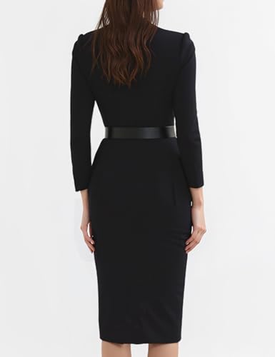 Women's Black Sheath Dress with Mandarin Collar and Belt,Long Sleeve Elegant Polyester Midi Dress for Office,Events3