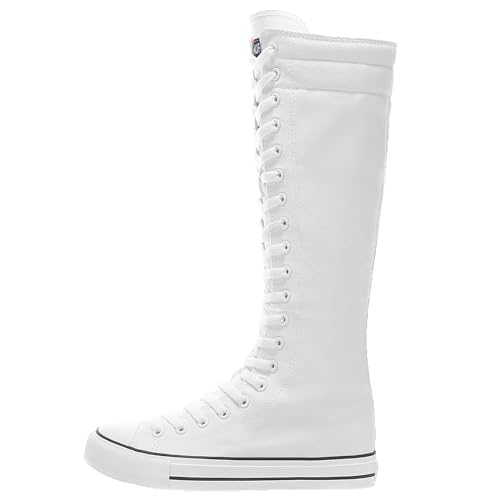 ANUFER Women Fashion Canvas Dance Boots Knee High Bicycling Boots Girls Fancy School Shoes White 905 US72