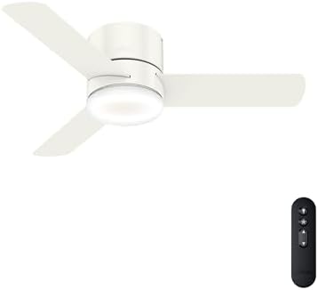 Hunter 44 inch Indoor Ceiling Fan with Light and Remote Control - For Bedroom or Living Room, Low Profile Mount, White Modern Ceiling Fan with LED Light, Quiet, 3 Blades - Minimus 59452, Fresh White