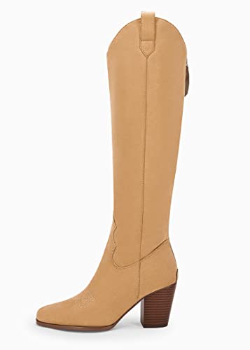 Women Cowboy Knee High Boots Suede Chunky Block Heel Square Toe Tall Riding Boots #TOP2