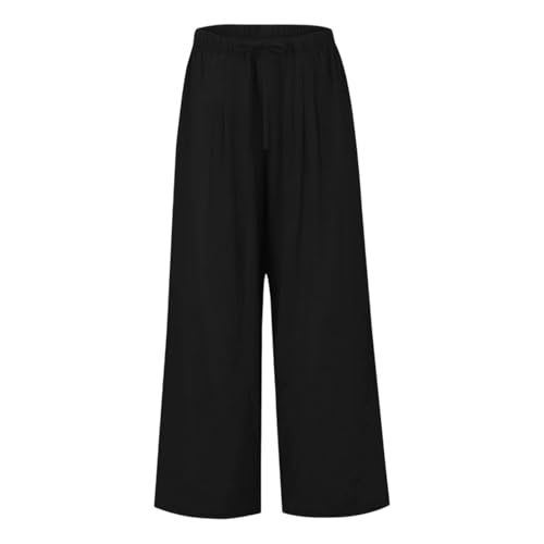 Women's Summer Elastic Waist Wide Leg Pants 2025 Solid Color Cotton Linen Lounge Flowy Long Trousers2