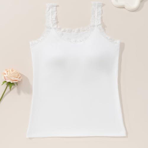 Built in Bra Tank Tops for Women Square Neck Sleeveless Tank Tops with Padding Casual Wide Strap Undershirt Daily Wear White