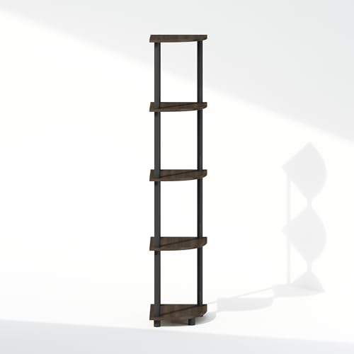 Image of Furinno Turn-N-Tube Storage Shelves, 5-Tier Book Shelf, Corner Shelf, Toolless Open Shelves, for Organization and Storage, Living Room, Home Office, Hallway, Bedroom, Dark Brown Grain