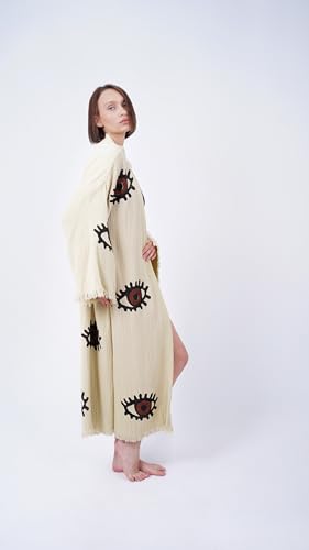 Handmade Brown Evil Eye Boho Festival Kimono Beachwear Cover Up Robe Spa Robe, Beige3
