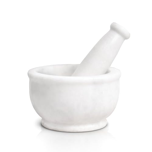 Image of B.R. & Sons 4 Inch White Marble Mortar and Pestle Set | Stylish Imam Dasta, Ohkli Musal for Spices & Herbs - Available in Various Shapes & Colors (WHITE POLISHED 4 INCH)