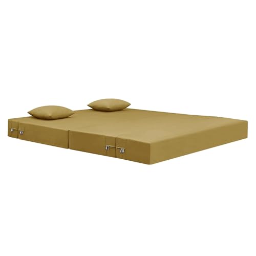 Image of Easy Foldable Two Person Sofa Cum Bed Jute Fabric- Washable Cover- Including Two Cushion- Size 4' X 6' Ft (Golden Color) Perfect for Home & Office for Guests