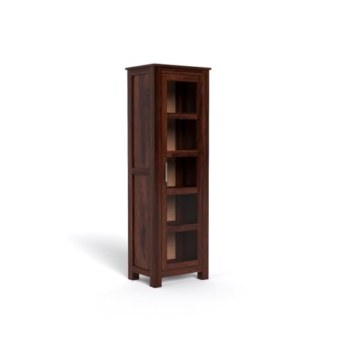 Image of SUNCOM Solid Sheesham Wood Book Shelf - Showcase Glass Door Crockery Storage Unit Or Bookcase, 5-Shelf Wooden Book Rack, Display Cabinet Furniture for Home, Kitchen & Library Areas (Walnut Finish)