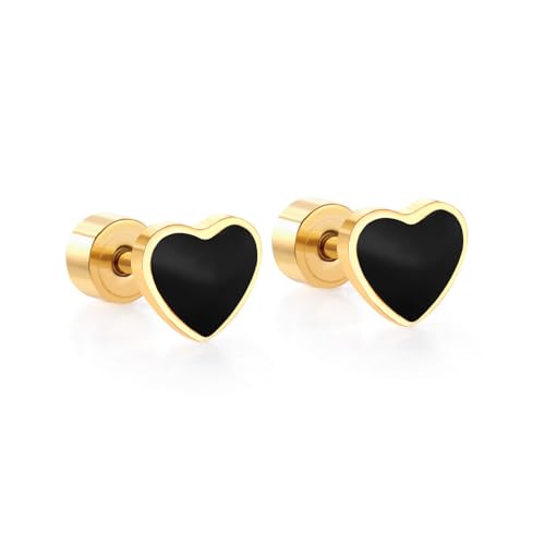 18G Black Enamel Heart Love Screw Back Small Stud Earrings for Women Men Minimalist Surgical Steel Cartilage Tragus Piercing Sleeper Studs Hypoallergenic for Sensitive Ears Valentine's Day Birthday Gift Her Daughter