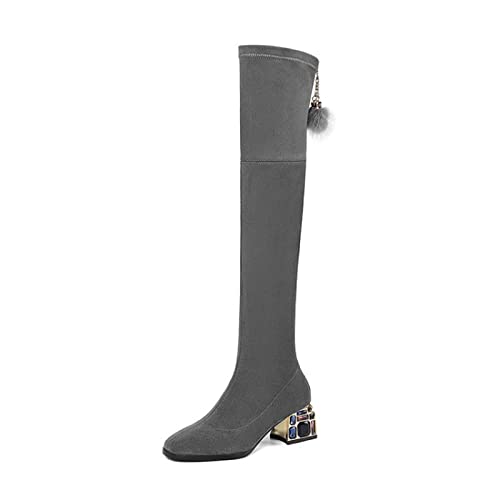 Bottes élastiques à talons hauts épais avec tige haute nude ajustable