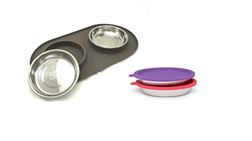 Messy Cats Double Feeder Grey and 4pc Bowl and Lid