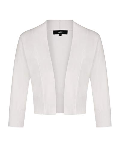 MINTLIMIT Offene Strickjacke Damen Kurz V-Ausschnitt 3/4 Ärmel Bolero Festlich Cardigan mit Knopf Weiß S