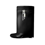 keleimusi Fold Over Wedge Boots Heeled PadLock Pant Knee High Shoes Tall/Short Booties in Black