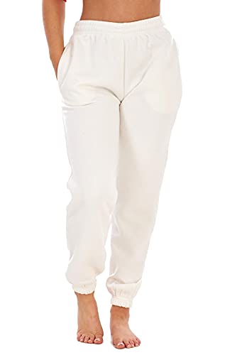 Womens Basic Fleece Joggers Regular Tracksuit Bottom Cuffed Ankle Cotton Blend Cream