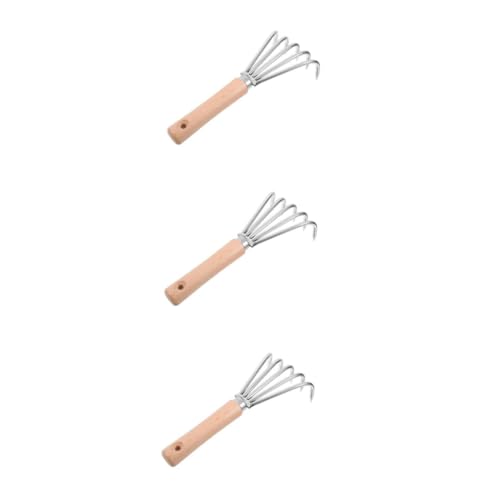 Housoutil 3 Piezas Rastrillo Pequeño de Mano Inoxidable con Mango de Madera Ergonómico para Jardinería Deshierbe y Aireación del Suelo Herramienta Multifunción Resistente y Portátil