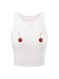 RoseSeek Women's Cherry Print Cropped Tank Top Scoop Neck Sleeveless Slim Fit Summer Tops White Small