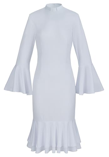 Mambabacosp Bell Sleeve Church Dress Clergy Fishtail Tab Insert Collar Priestess Dress White