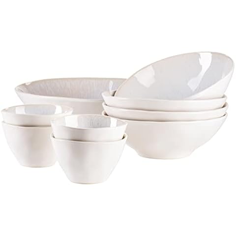 MÄSER Serie Frozen 9-teiliges Bowl Set aus schöner Keramik, 1 Salatschüssel, 4 Ramen Schalen und 4 Dip Schälchen, organische Formen im Vintage Look, händisch lasiert Cover