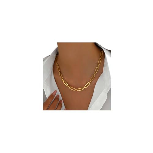 Mauzew 18K Gold Plated Paperclip Chain Necklace for Women Thick 7 mm Paper Clip Link Necklaces...