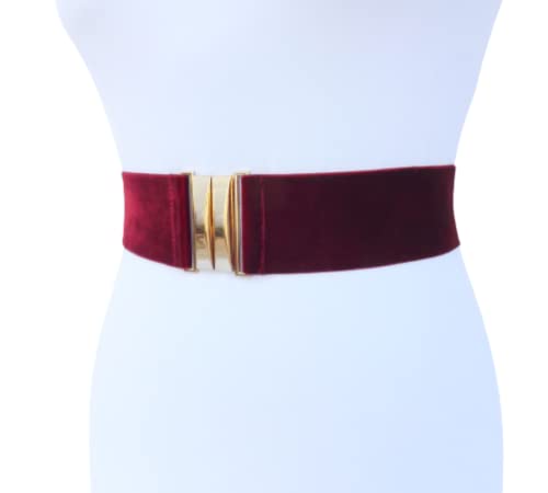 Burgundy Wide Velvet Elastic Waist Belt with Gold Clasp