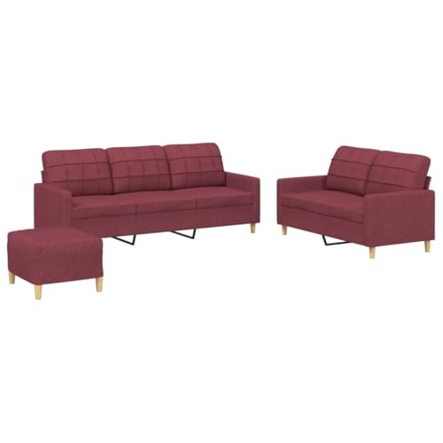QJBSAVVA Ensemble de Canapés 3 Pièces avec Coussins, Canapé 3 Places, Canapé 2 Places et Pouf Repose-Pied, Salon Complet en Tissu Polyester Rouge Bordeaux pour Séjour et Bureau