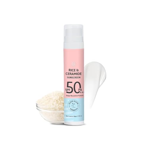 Rice & Ceramide Dewy Sunscreen SPF 50 PA+++ – 50ml | Ultra-Lightweight Transparent Gel Cream | No White Cast, Water & Sweat Proof | For Dry & Sensitive Skin Types