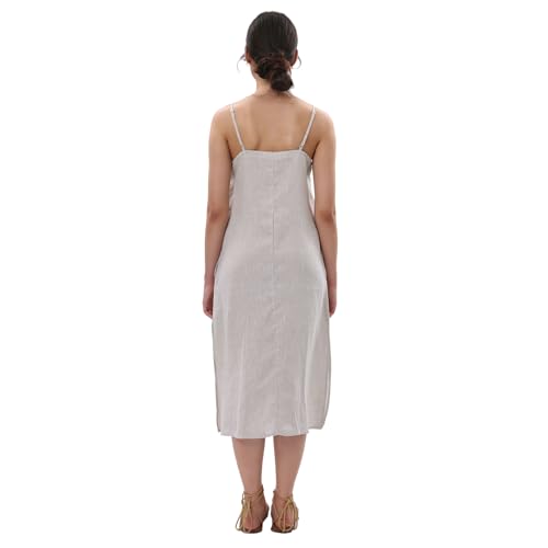 Image of Amazhiyu Women's Pure Linen Summer Midi Split Slip Dress | V Neck, Spaghetti Strap, with Pockets
