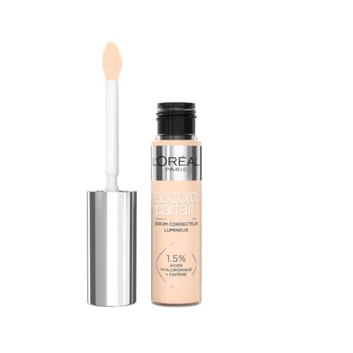 L'Oréal Paris Sérum Corrector Iluminador, Cobertura Media, Acabado Radiante, con 1,5% Ácido Hialurónico y Cafeína, Accord Parfait, Tono 1R, 10ml