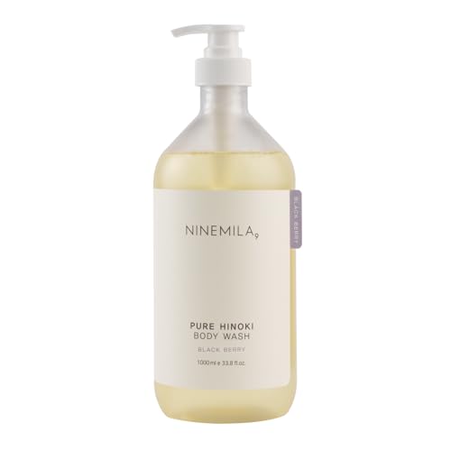 NINEMILA Pure Hinoki Body Wash Black Berry, 33.8 fl oz (1000ml) Family Size, Vegan Body Cleanser with Jeju Hinoki Water, AHA & BHA, Moisturizing Daily Shower Gel