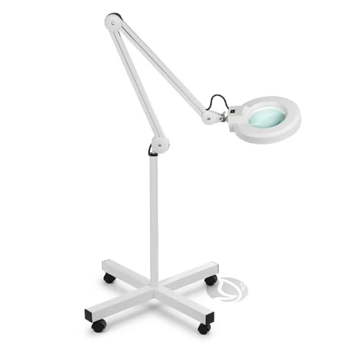 Lampada con Lente Ingrandimento 5 Diottrie per Estetista con Stativo e Ruote, Luce Fredda 6400K 1100 Lumen, Lente 12 cm, Braccio Regolabile, Lampada Ingrandente Professionale per Centro Estetico e Lab