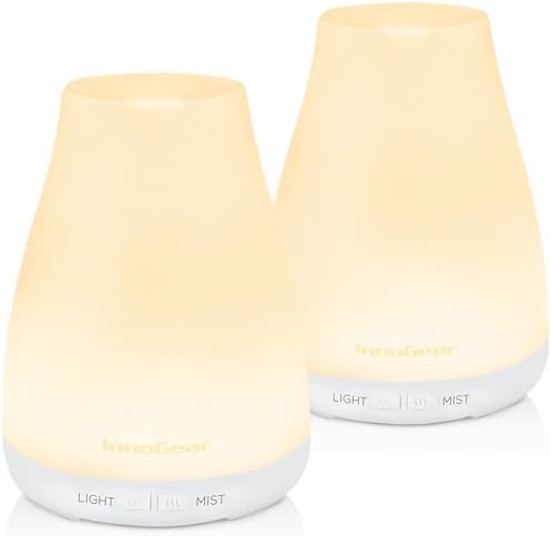 InnoGear Essential Oil Diffuser, 2 Pack Premium 5-in-1 Aromatherapy Humidifiers Aroma Scent Air Defuser for Home Large Room Bedroom Desk Office 7 Color LED 2 Mist Mode Waterless Auto Off, Basic White