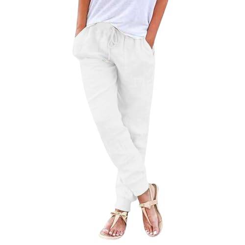 Pantalones De Lino Mujer Tallas Grandes Algodón Y Lino Pantalones Verano Cintura Elástica con Cordón Pantalon Ligero Chandal De Pierna Ancha Rectos Comodidad Moda Pantalón Largo