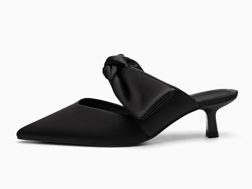Coutgo Women's Kitten Heels Mules Bow Strap Pointed Toe Slip On Satin Dress Shoes for Wedding Bridal Party, Black, Size 6.5 by Coutgo - Image 2