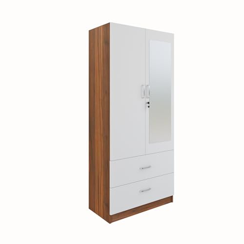 Image of VIKI Wardrobe | Albarracin Wardrobe | Wooden Almirah for 2 Door Wardrobe with 2 Drawer & Hanging Space with Mirror (Walnut |White - 40D x 80W x 180.8H) | 1 Year Warranty | Free Assembly