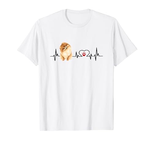 ポメラニアン EKG ハートビートハートライン 肉球プリント Tシャツ