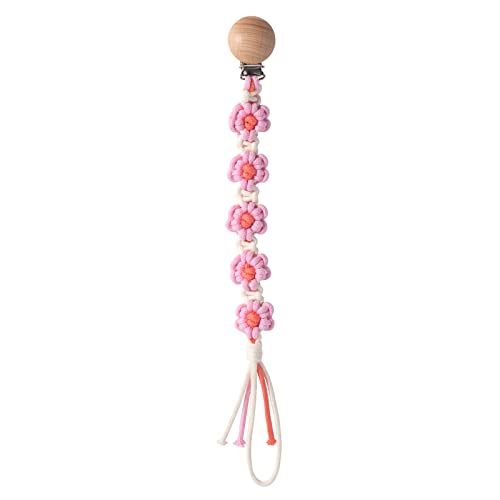Image of Pacifier Clips Baby Girls Floral Daisy Binky Clips Pacifier Holder Boho Wooden Clips Macrame Paci Clip Handmade Braided Cotton Pacifier Strap Pink