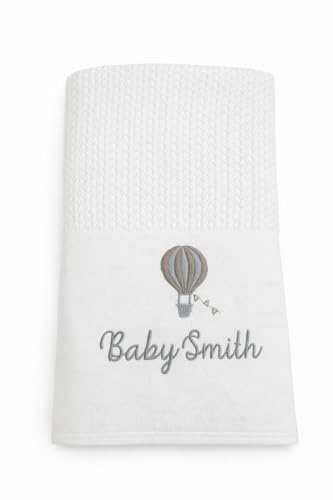 Lobeko Personalised Cellular Baby Blanket with Embroidered Name 100% Cotton Soft Breathable Newborn Blanket Pram Crib Moses Basket Blanket Hot Air Balloon Design 70x110cm (4 Colours) (White)