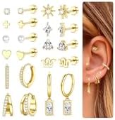 Hypoallergenic Gold Huggie Hoop Earrings Flat Back Earrings for Women Men Stainless Steel Cartilage Hoop Stud Earring Set for Multiple Piercing Small Flatback Tragus Helix Piercing Jewelry for Sensitive Ears