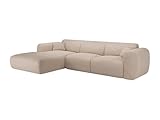 Grand canapé d'angle gauche en velours côtelé fines côtes beige. Canapé style design avec coussins additionnels et large méridienne. Dim : L280 x P165 x H73 cm. POGNI de Maison Céphy
