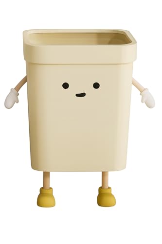 3.2-Gallon Cute Kids Trash Can - Durable Waste Basket Perfect for Kids Rooms, Classrooms, Pediatric Clinics - Beige Square-Shaped Trash Bin w/Arms & Legs - Comes with Removable Trash Bag Holder