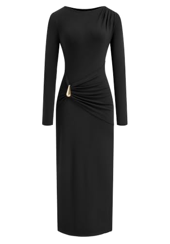 BTFBM Womens Long Sleeve Ruched Slit Maxi Wedding Guest Dress,Black,XL
