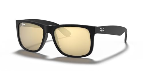 Image of Ray-Ban Unisex RB4165 Justin Rectangular Sunglasses, Rubber Black /Light Brown Mirrored Dark Gold, 55 mm