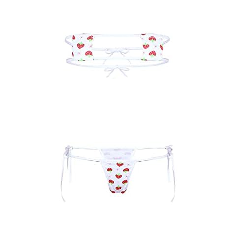 ABAFIP Womens Micro Tanning Bikini Kawaiii Japanese Anime Lingerie set Cute Stripe Tiny Bra Thong Panty Bottom Extreme Swimsuit Square Strawberry One Size Cover