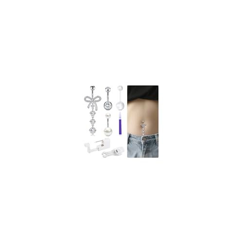 QWALIT Silver Belly Piercing Kit Belly Button Piercing Kit Self Disposable Bellybutton Piercings Kits Navel Piercings Gun with Surgical Steel Hypoallergenic Dangle Navel Rings at Home