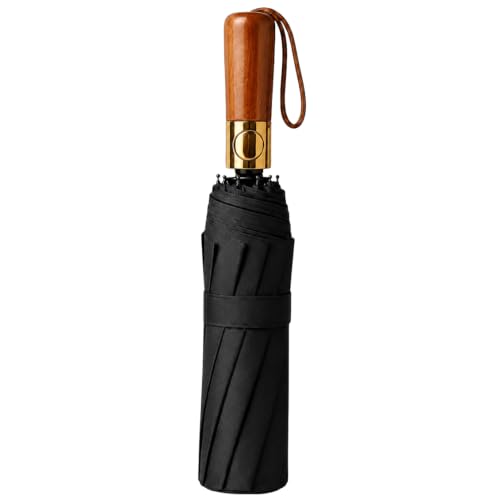 Image of STAR WORK Small Wooden Handle Compact UV Protection Umbrella, Automatic Open Hook Handle Stick Golf Umbrellas for Rain, Sun & Wind Protection.