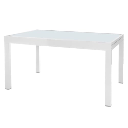 LOLAhome Mesa de Comedor Extensible para jardín Thais, Blanca de 135x90 cm Extensible 270 cm, de Aluminio y Cristal Serigrafiado, Tratamiento Anticorrosión, Elegante y Duradera, para 10 Personas